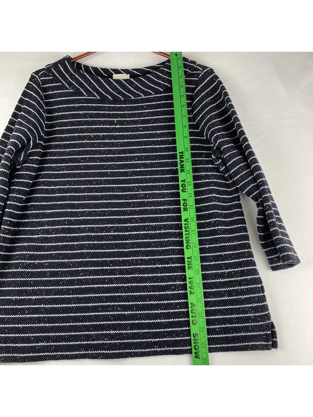 TALBOTS Knit Sweater Top Med Speckled Striped 3/4 Sleeve Navy Blue White